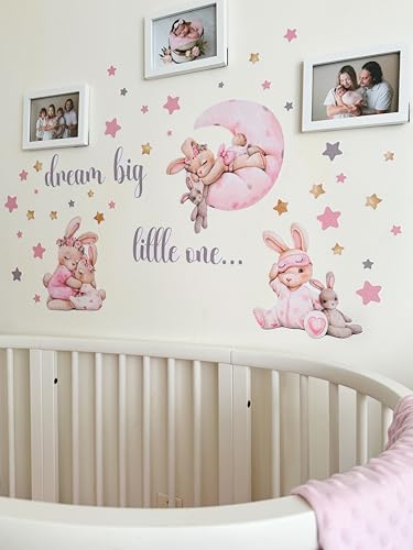 Pink Bunny Nursery Wall Decals-Baby Girl Room Rabbit Wall Decor, Animal Stickers for Kids Playroom, Toddler Bedroom and Nursery Decoration, Removable Vinyl Decals, Peel and Stick Easy to Apply.
