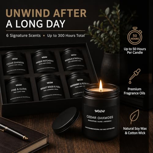 6 Pack Candles for Home Scented Aromatherapy Candles Gifts Set for Men, Men Candle Set, 42 oz 300 Hour Long Lasting Candles, Gifts for Mens Birthday Fathers Day Anniversary Present