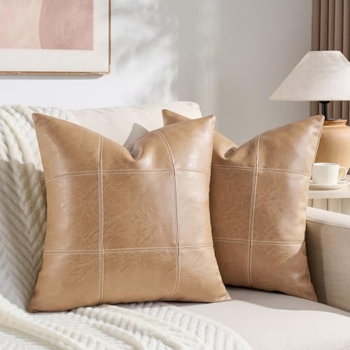 Fancy Homi 2 Packs Waterproof Faux Leather Tan Decorative Throw Pillow Covers 18x18 Inch for Outdoor Couch Bed, Taupe Modern Farmhouse Boho Home Decor, Plaid Hand Stitched Beige Cushion Case 45x45 cm