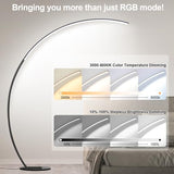RGB Floor Lamp with 3 Color Temperatures, Ultra Bright 1800LM Smart Arc LED Floor Lamp with Remote Control, Music Sync, Scene Modes, Modern Standing Tall Lamp for Bedroom Living Room Gaming Rooms