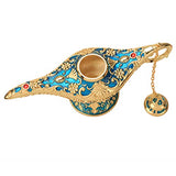 LAUYOO Classic Aladdin Magic Genie Lamp Legend Wishing Light Costume Lamp Metal Carved Arabian Props for Home Tabletop Decoration Party Birthday Halloween Christmas Size 7 x 20.7 x 11.3CM-Blue