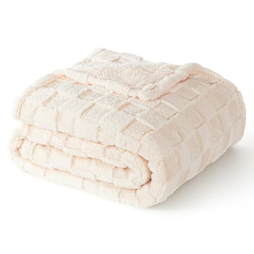 Exclusivo Mezcla Fleece Throw Blanket for Couch and Sofa, Super Soft and Cozy Blankets with Checkered Design, Lightweight, Decorative, All Season Use, 50x60 Inches, Ivory