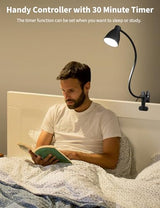 BOHON Desk Lamp 5 Color Modes 10 Brightness Dimmer Reading Light Black | 10W 38 LED Clamp Lamp with Auto Off Timer 360° Flexible Neck Clip on Light for Bed Bedside, AC Adapter Include