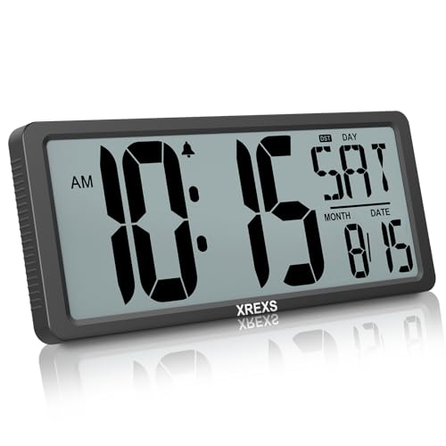 XREXS Large Digital Wall Clock, Battery Operated Alarm Clocks for Bedroom Home Decor, Count Up & Down Timer, 14.17 Inch Large LCD Screen with Time/Calendar/Temperature Display (Batteries Included)