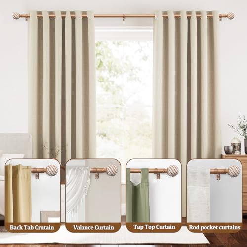 Wood Curtain Rods for Windows 66 to 120 Inches, TONIAL 1'' Adjustable 32-120 Inch Long Drapery Rod with Wood Grain Leaf Pattern Finials, Boho Decorative Style for Living Room, Bedroom, Outdoor, Brown