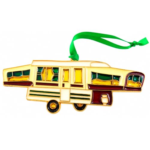 Vintage Camper Christmas Ornament Retro RV Travel Trailer Tree Decoration with Gold Enamel Finish and Green Ribbon RV Camping Christmas Decor Gift 6 inch