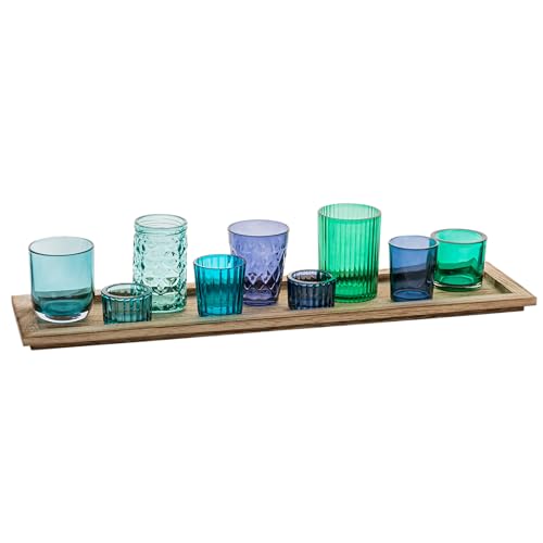 Creative Co-Op 9-Piece Blue and Green Glass Votive Holders on Wood Tray, Multicolor