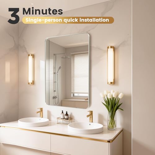 24X28 Inch Brushed Nickel Bathroom Mirror for Wall, Brushed Silver Metal Framed Mirror, Rounded Rectangle Silver Bathroom Mirrors, Tempered Glass