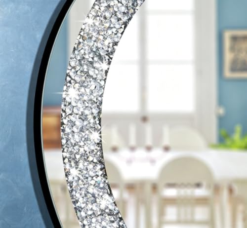 Crystal Crush Diamond Sparkly Round Silver Mirror for Wall Decoration 20x20x1 inch Wall Hang Frameless Bling Stylish Gorgeous Glam Mirror Vanity Home Decor.