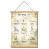 WUAWN God Says I Am Winnie The Pooh Room Decor，Biblical Affirmations for Kids Wall Art,Winnie The Pooh Baby Decorations for Nursery,Wooden Hanging Rod Religious Gifts-03