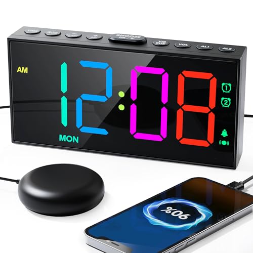 Roxicosly RGB Display Vibrating Alarm Clock with Bed Shaker for Heavy Sleepers Adults, 7-Level Dimmer, Dual Alarms with Weekday & Weekend Mode, Large Digits, Snooze, USB Charger, Battery Backup