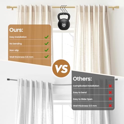 Gold Curtain Rod for Windows 28 to 48 Inch, 5/8 Inch Splice Adjustable Curtain Rod Gold with 2 Brackets, Easy Installation and Simple End Caps, For Living Room, Bedroom, Outdoor