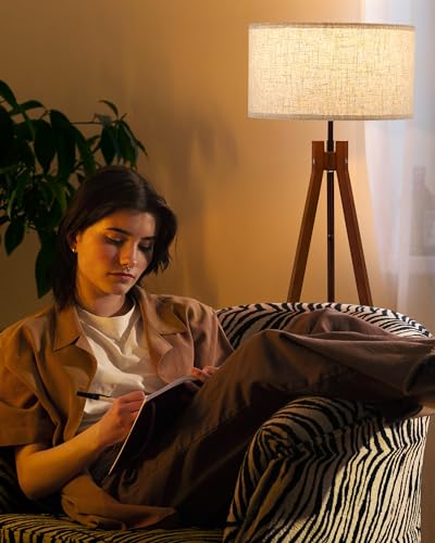 Wood Tripod Floor Lamp, Mid Century Reading Standing Lamp with 3 Color Temperatures & Linen Shade, Modern Night Light for Bedroom, Farmhouse, Living Room, Office, 9W LED Bulb Included, Brown
