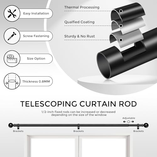 HeiDear 2 Pack Curtain Rods for Windows 30 to 45 Inches, 5/8" Matte Black Metal Curtain Rod, Adjustable Single Window Rods for Bedroom, Living Room, Kitchen, Office