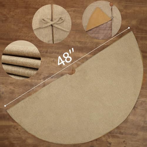 yuboo 48 Inch Burlap Christmas Tree Skirt, Brown Jute Linen Tree Mat, Summer Rustic Farmhouse Boho Tree Skirt with Ties for Holiday Tree Decor