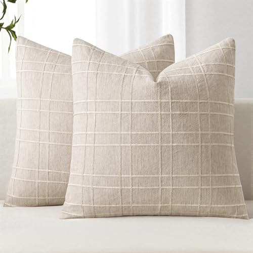 MIULEE Decorative Linen Check Throw Pillow Covers Neutral Farmhouse Vintage Pillow Covers 20x20 Set of 2 Boho Modern Home Decor for Sofa Couch Bedroom Cushion Natural Beige