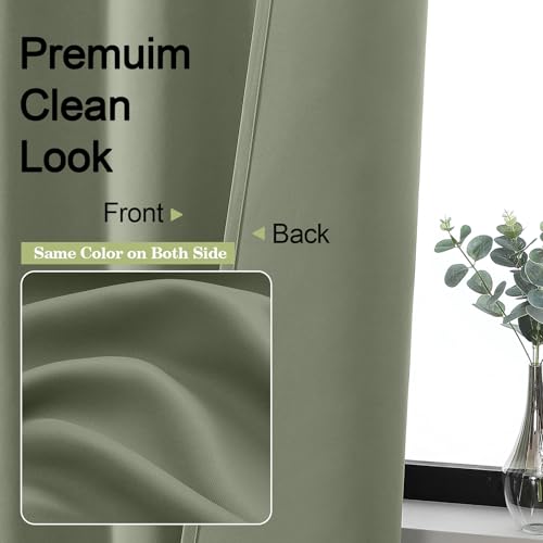 OWENIE Sally Sage Green Blackout Curtains for Bedroom 63 Inch Length 2 Panels Set, Solid Thermal Insulated Room Darkening Rod Pocket Privacy Window Treatment Curtains Drapes, W40 x L63 Inch