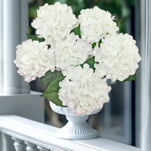 6PCS White Hydrangea Artificial Flowers, Bulk Silk Fake Flower with Stems, Faux Hydrangeas Bouquets for Home Décor, Wedding, Party, and Office Table Centerpieces.