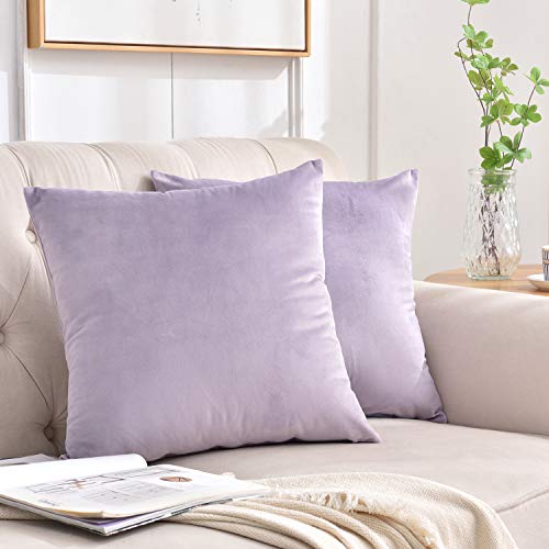 Set of 2 Soft Velvet Throw Pillow Covers, Decorative Solid Cushion Cases for Sofa Couch and Bed - 16"x16", Lavender