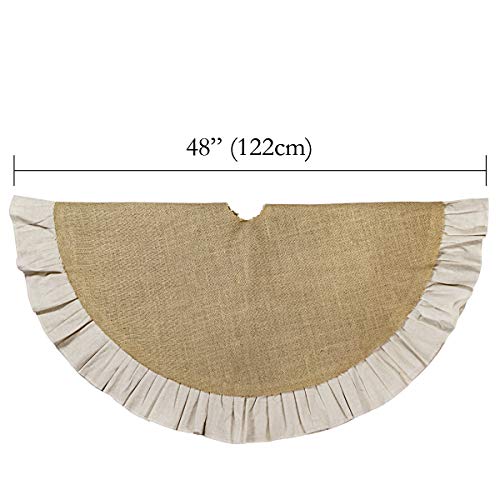 Christmas Tree Skirt, 48 inches Natural Burlap Jute with Ruffle Edge, Rustic Xmas Holiday Decoration