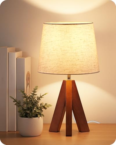 Small Bedside Lamp, 14.6" Small Table Lamp with Beige Linen Shade & Brown Wood Base, Mid Century Modern Lamp for Hoom Decor, Tripod Table Lamp for Bedroom, Living Room, E26 Socket, LE51TL05