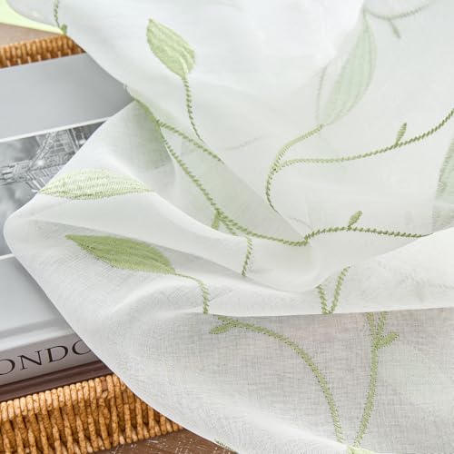 Lazzzy Sheer Curtains Embroidered Floral Leaf Voile Drapes for Bedroom Living Room Back Tabs Window Treatments 2 Panels 84 Inches Green on White