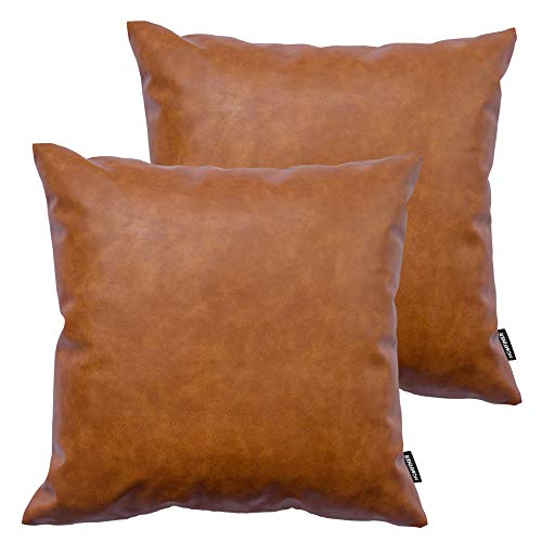 Faux Leather Throw Pillow Covers, 18 x 18 inch Set of 2 Thick Cognac Brown Modern Solid Decorative Square Bedroom Living Room Cushion Cases for Couch Bed Sofa
