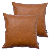 Faux Leather Throw Pillow Covers, 18 x 18 inch Set of 2 Thick Cognac Brown Modern Solid Decorative Square Bedroom Living Room Cushion Cases for Couch Bed Sofa