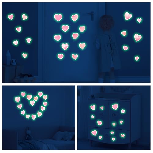 42 pcs Pink Heart Shape Wall Stickers for Girls Bedroom，Glow in The Dark Kids Room Decor, Baby Nursery Ceiling Decals Wallpaper Vinyl Murals