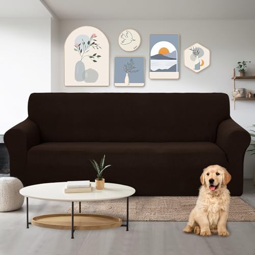 U-NICE HOME Stretch Couch Cover Slipcover for 3 Cushion Sofa, Chocolate | 1-Piece Sofa cover, Washable, Pet friendly, Furniture protector, Polyester Spandex Jacquard fabric