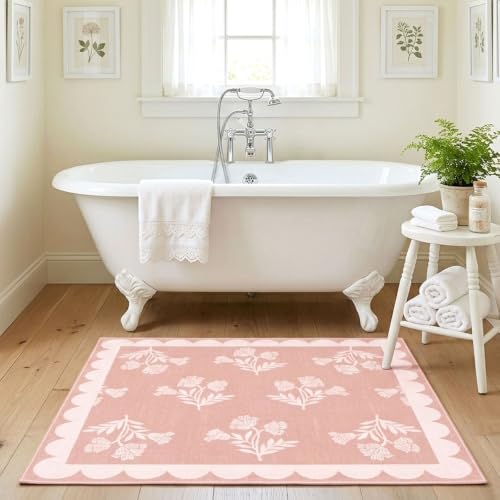 Pink Square Rug 3ft - Soft Washable Floral Cute Boho Bathroom Rug