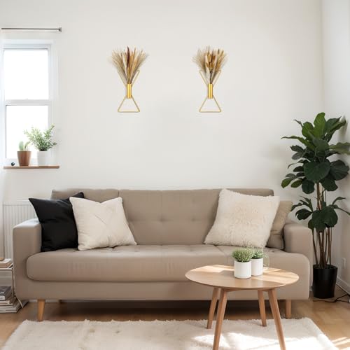 Peryiter 2 Pcs Boho Gold Wall Decor Metal Wall Art X Shaped Hanging Planters with Artificial Pampas Modern Home Gold Bathroom Decor for Bedroom Living Room