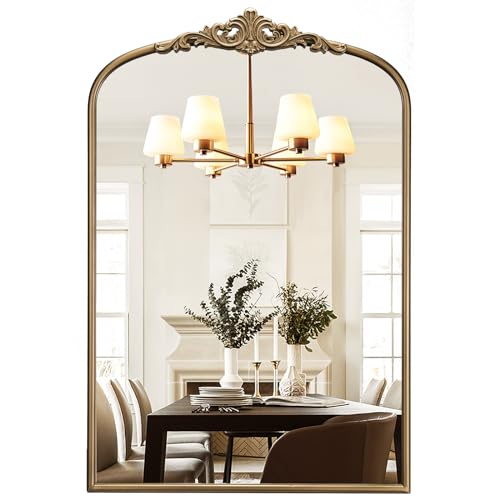 Vintage Mirror, 24"x36" Antique Gold Bathroom Arched Wall Mirrors, Ornate Arch Brass Baroque Mirror Over Sink, Bedroom, Fireplace, Entryway, Living Room, Hanging or Leaning