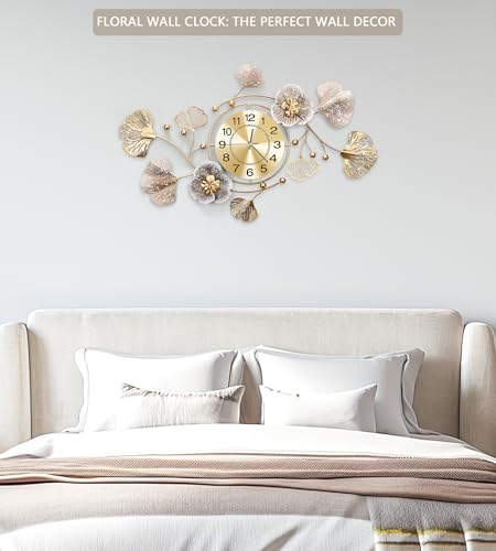Clocks for Living Room, Large Wall Clock, 3D Silent Wall Clock, Retro Metal Ginkgo Leaf Design, for Bedroom Kitchen Decorative Wall Clocks（32''x18'' ）
