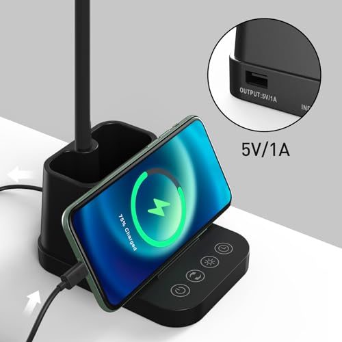 LED Desk Lamp with USB Charging Port, Study Table Light for Home Office Bedrooms, Black, Flexible Gooseneck, Small, 650LM, Pen Holder, Timer Settings, School Essentials for College Dorm Room