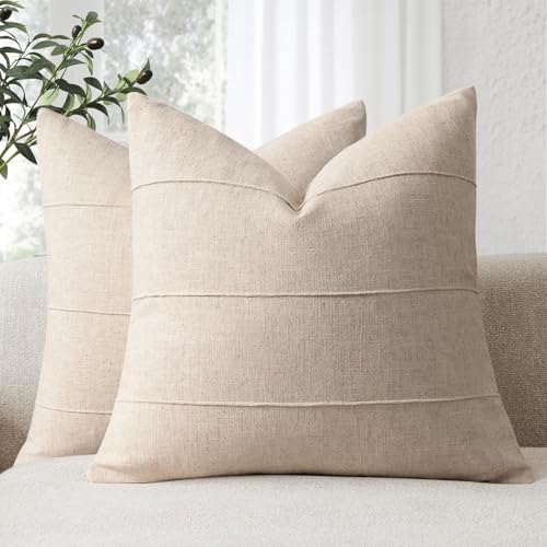 Decorative Linen Throw Pillow Covers 18x18 Set of 2 Solid handcrafted Striped Cushion Covers for Bed Soft Modern Farmhouse Neutral Pillowcase for Couch Bedroom Living Room Home Decor(Natural Beige)