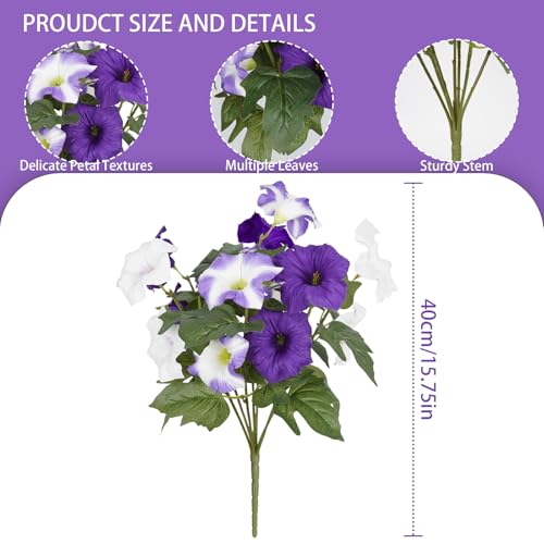Artificial Flowers for Outdoors, Faux Petunias Spring Summer Decoration, Fake Flowers Plants UV Resistant Look Real Silk Flowers for Outside Planter Front Door Porch Patio Yard (6, Purple-White)