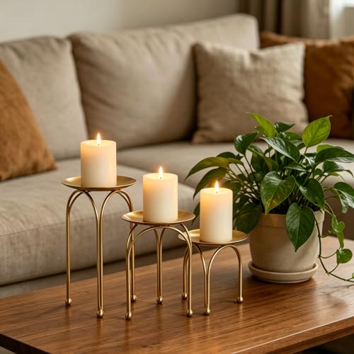 Hosley Style Gold Iron Pillar Candle Holders - Set of 3 Round Tripod Candle Stands, Elegant Metal Decorative Display Risers for Wedding Centerpieces, Home Dining Table, Party & Mantel Decor
