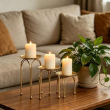 Hosley Style Gold Iron Pillar Candle Holders - Set of 3 Round Tripod Candle Stands, Elegant Metal Decorative Display Risers for Wedding Centerpieces, Home Dining Table, Party & Mantel Decor