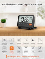 Digital Travel Alarm Clock, Black, 3.54 inch LCD Display, 9-Minute Snooze, 2 Volume Levels, Backlight, Battery Included
