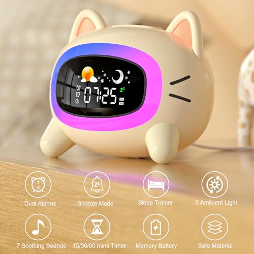 ANALOI OK to Wake Clock for Kids, Kids Alarm Clock with Sleep Training Night Light Dual Alarm Auto Off Timer Stay in Bed for Kids and Toddlers, Kids Clock with Cat Ear Light