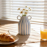 Ceramic Blue and White Striped Vase with Handle, Modern Minimalist Coastal Decor Home for Centerpieces for Tables, Kitchen Office, Bookshelf, Bedroom Aesthetic Decor (A)