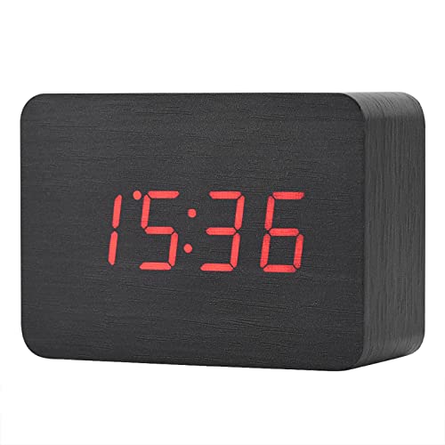 Kadimendium Gentle LED Lights Powered by 3 AAA Batteries Wooden Clock Alarm Clock Alarm Temperature Display Digital Alarm for Famliy (Black Wood + red Light)