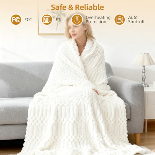 Eastsora Heated Blanket Flannel Blanket Throw, 50"X 60"Electric Heating Blanket with ETL & FCC & 12 Heating Levels & Auto Shut Off，Machine Washable (White)