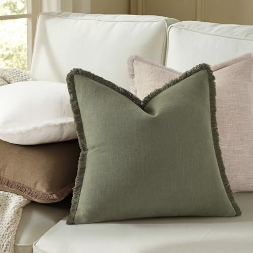 decorUhome Linen Fringe Olive Green Throw Pillow Covers 16x16 Set of 2