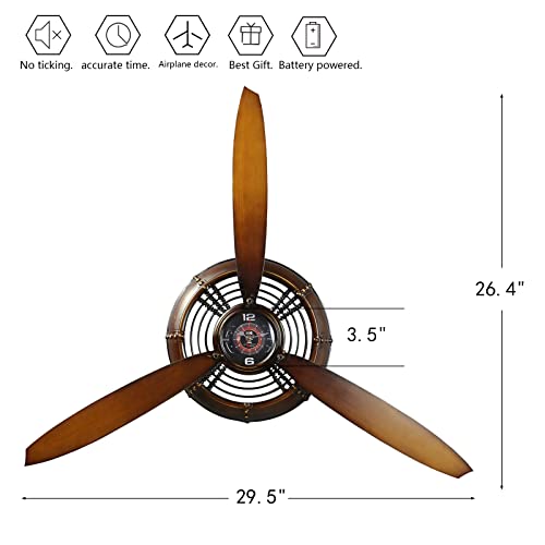 Pilot Gifts for Men Metal Antique Airplane Propeller Wall Clock Aviation Decor Masculine Wall Gifts Dad for Living Room Bedroom Rustic Wall Sculptures Claybank 29.5×26.4 Inches