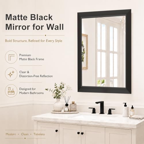 SMIROR Matte Black Bathroom Mirror for Over Sink 24x 36 inch, Metal Thick Frame Rectangle Vanity Mirror for Wall, Anti-Rust, Horizontally or Vertically Mounted