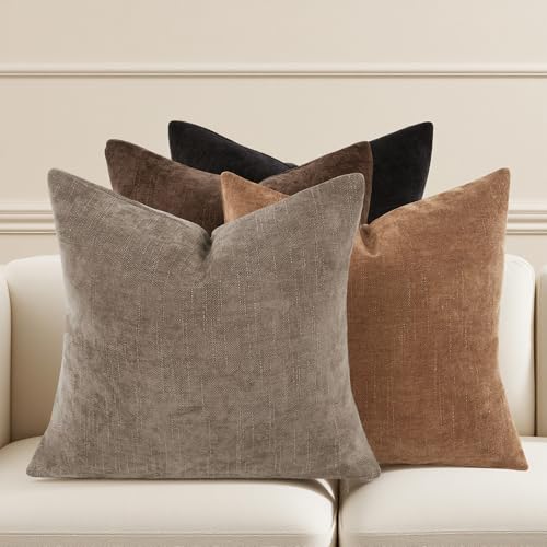 Farmhouse Decor Throw Pillow Covers 18x18 Inch Set of 4, Solid Textured Cushion Covers for Couch, Sofa, Bed – Fall Pillow Covers in Taupe Grey, Light Brown, Brown, Black