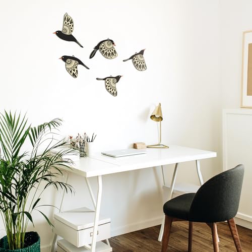 Barydat 5 Pcs Wooden Bird Wall Art Wood Flying Birds Wall Decor Rustic Folk Art Scandinavian Home Decor for Gift Living Room Bedroom Kitchen Office(Black)