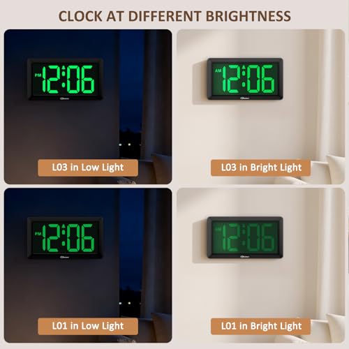 Soobest 9.5 Inch Large LED Digital Wall Clock Battery Operated, Auto & Manual Dimmer Display, Easy to Read 3.2'' Big Digit with Alarm for Seniors, Modern Decor for Living Room, Bedroom, Office (Green)